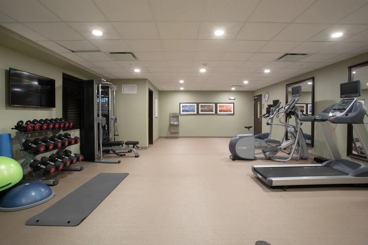 A vibrant fitness center featuring a dumbbell rack, cardio machines such as treadmills and ellipticals, exercise mats, and dynamic wall art. The space is well-lit and energizing, inviting residents to partake in personal workouts, group classes, or stretching routines.